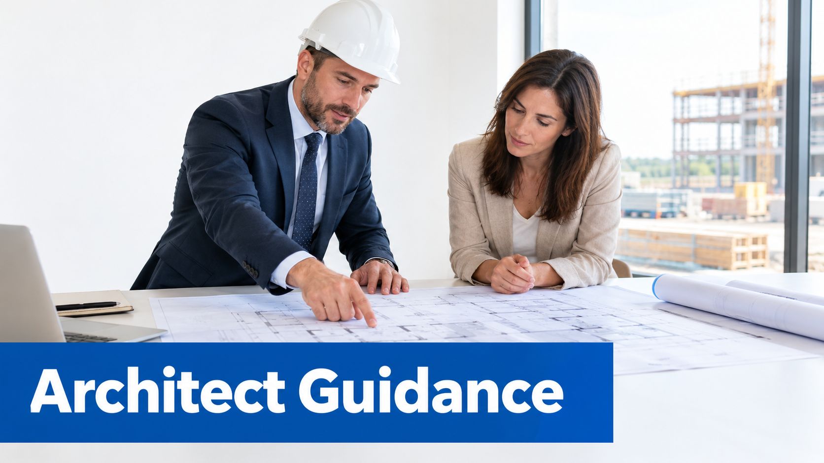 A professional male architect in a white hard hat and a female client reviewing architectural blueprints together.
