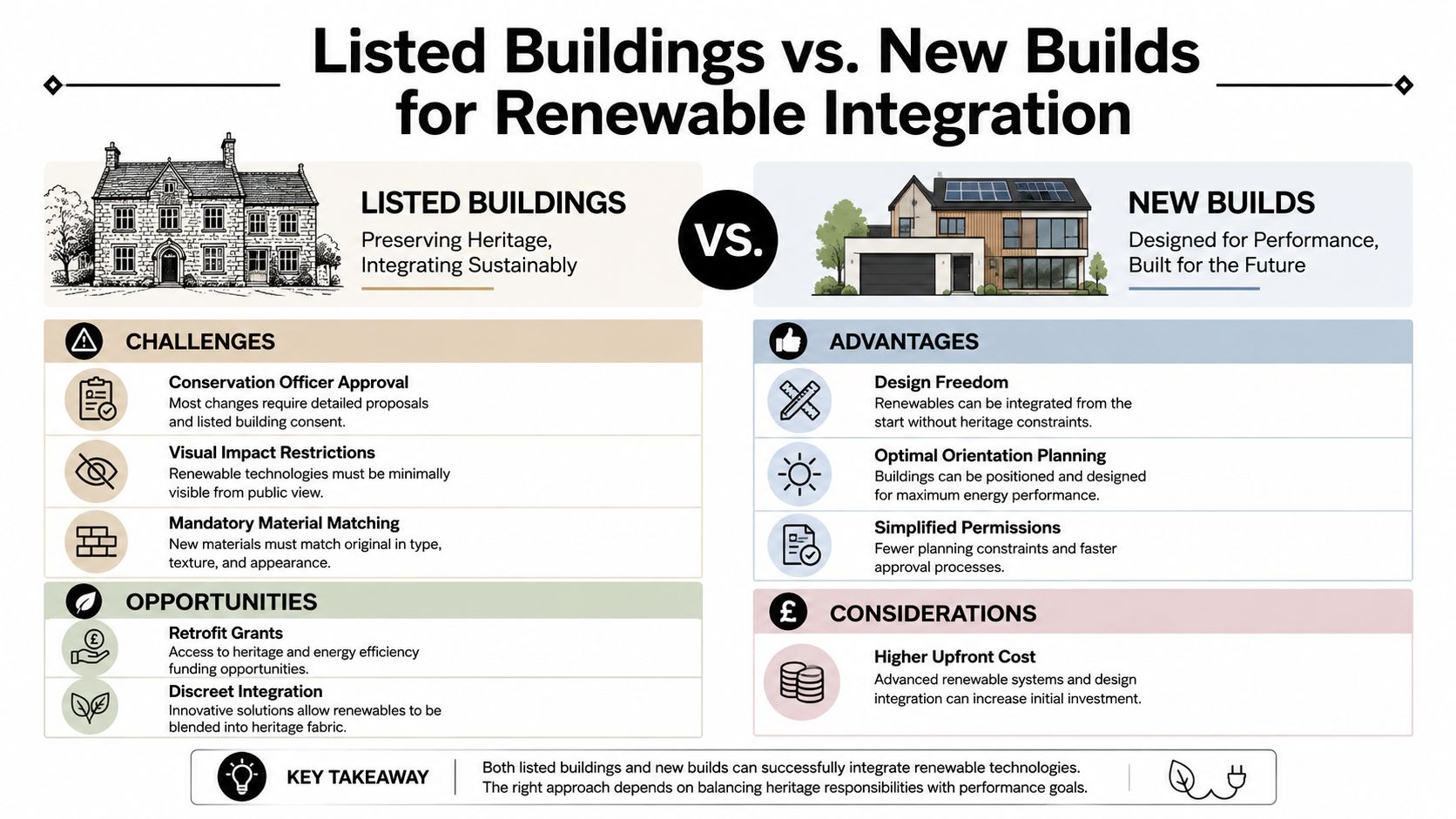A comparison infographic showing the challenges and opportunities of renewable energy integration for listed buildings versus new builds.