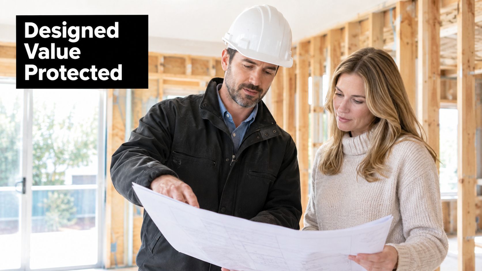 A professional construction worker in a hard hat reviewing architectural blueprints with a female homeowner on-site.