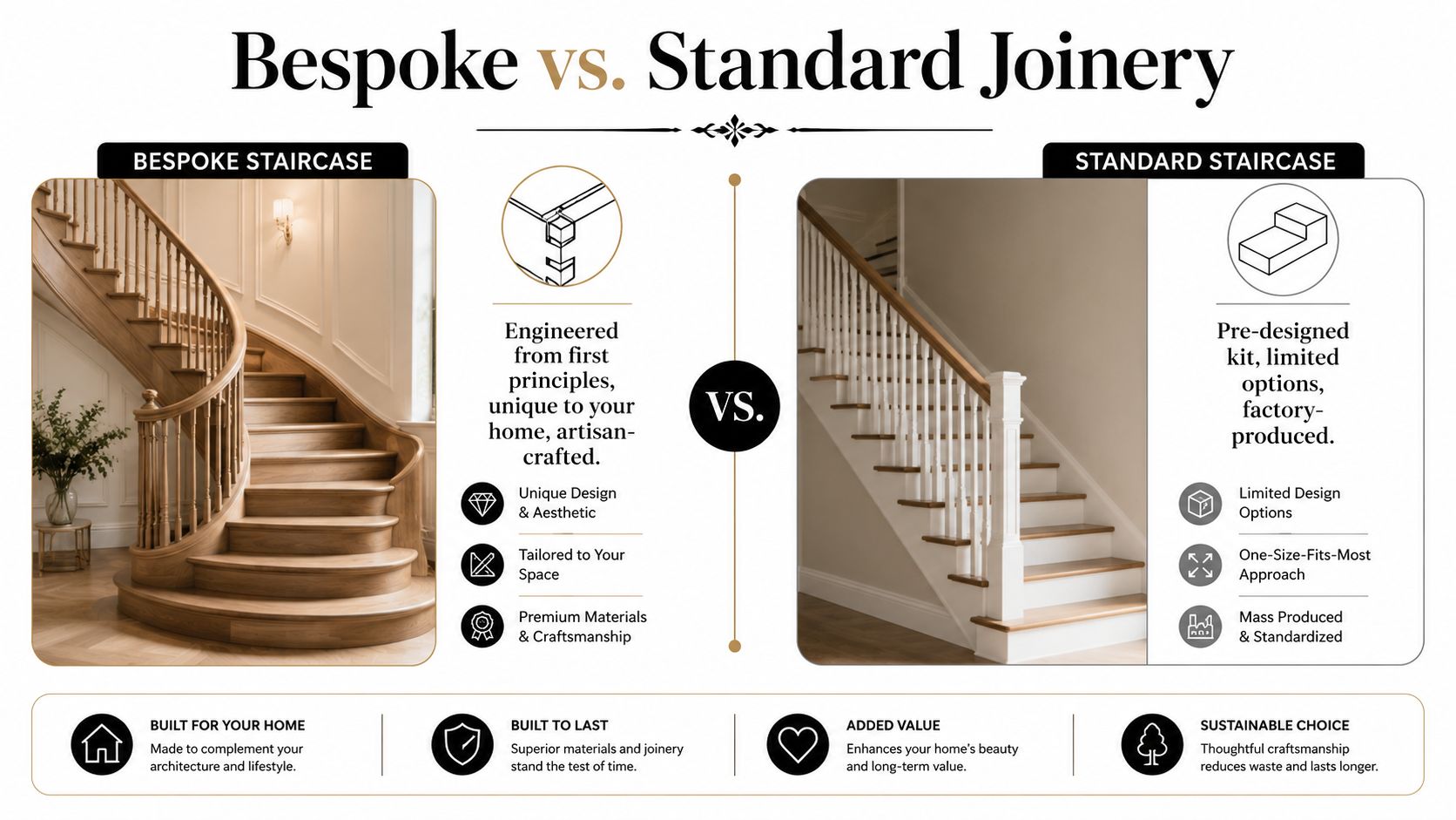 A comparison graphic between a custom bespoke staircase and a factory-produced standard staircase interior design.