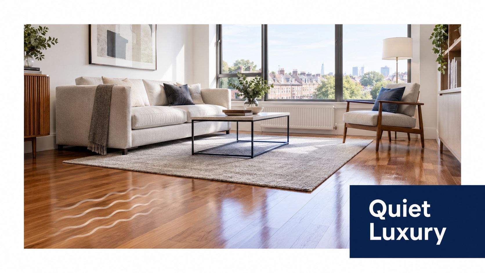 A modern, sunlit living room featuring hardwood flooring, a comfortable sofa, and elegant minimalist decor.