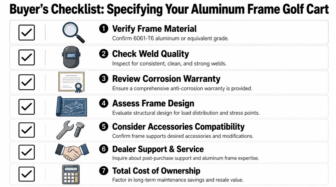 A buyer's checklist for selecting an aluminum frame golf cart, covering material, welds, warranty, and maintenance.