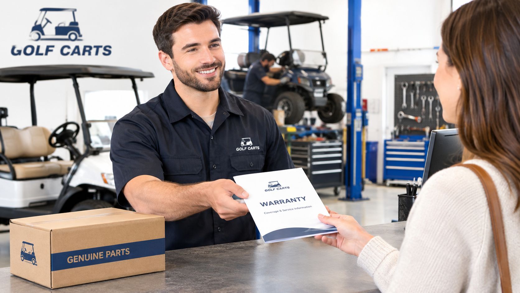 A friendly service technician hands a golf cart warranty booklet to a customer at a shop.