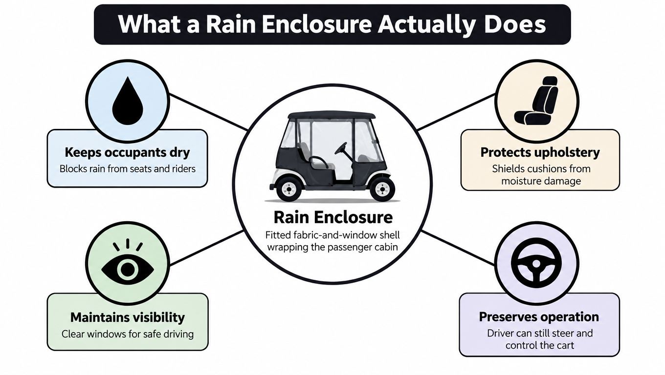 A diagram explaining the benefits of a golf cart rain enclosure for protecting passengers and vehicle components.
