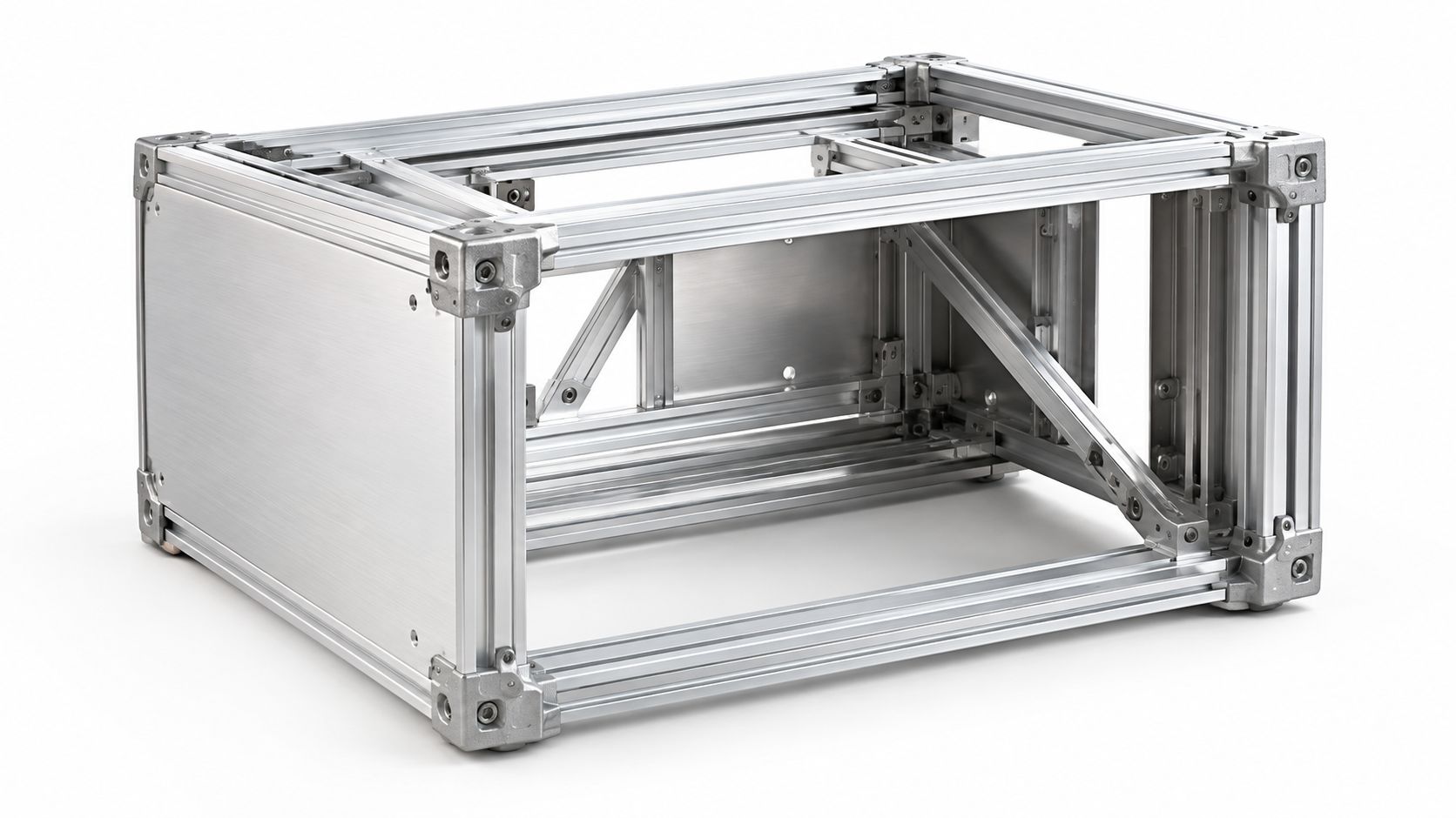 A sturdy, rectangular aluminum chassis box featuring a reinforced industrial frame with diagonal structural support brackets.