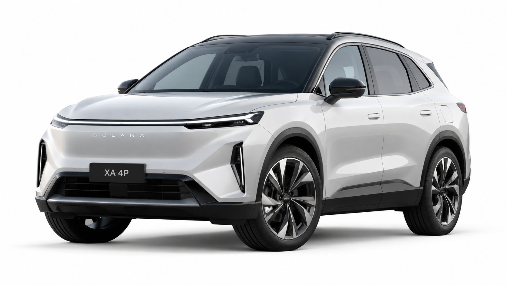 A sleek white Solana XA 4P electric SUV with a black roof and alloy wheels.