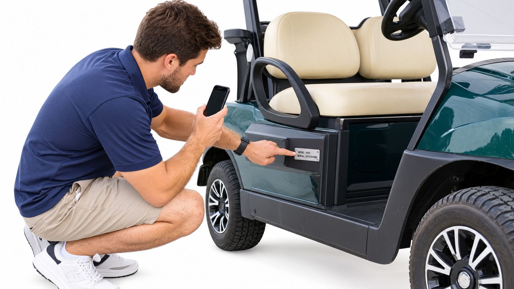 A man crouching next to a golf cart while identifying its serial number with a smartphone.