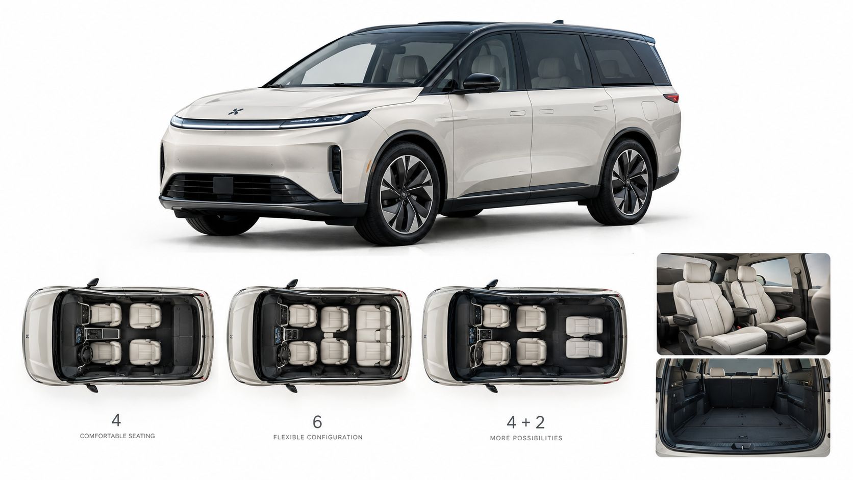 The XPeng X9 electric luxury minivan shown with its versatile interior seating configurations and cargo space options.