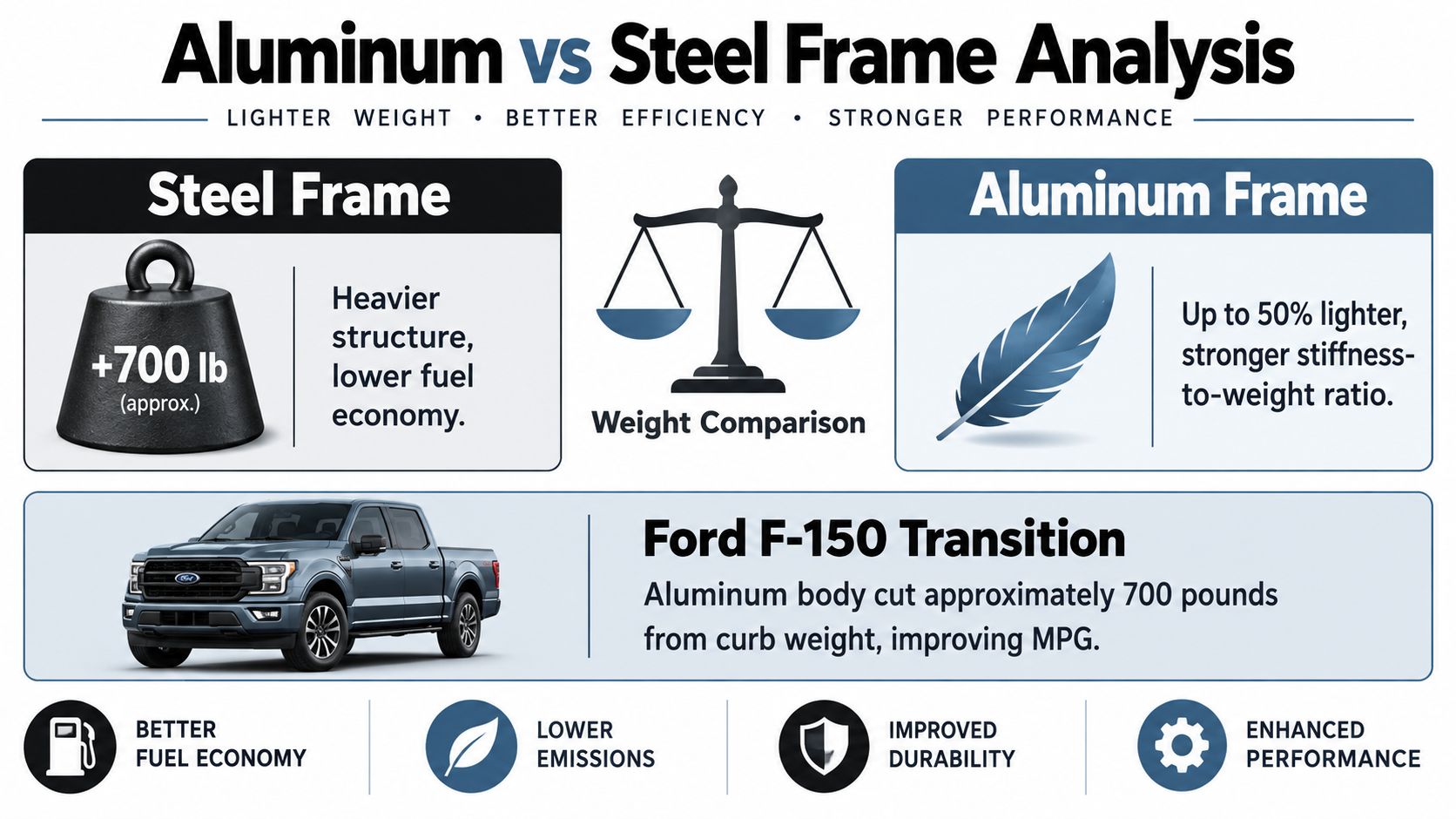 An infographic comparing steel versus aluminum vehicle frames, highlighting weight reduction, fuel economy, and improved performance benefits.
