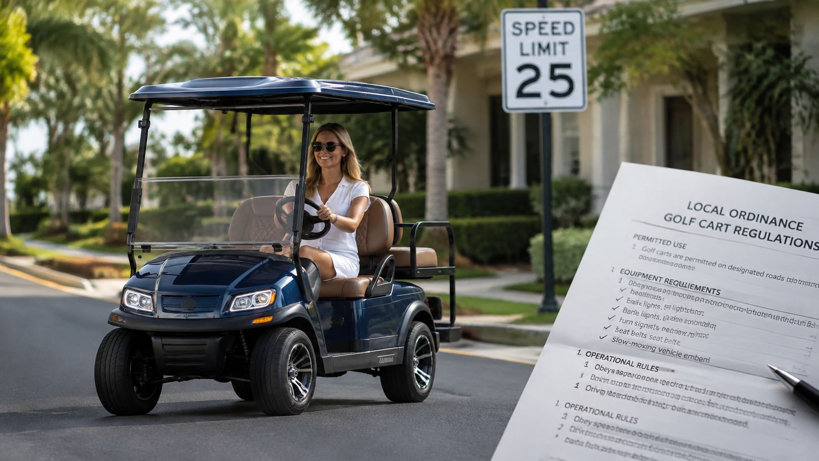 A woman driving a dark blue golf cart past a 25 mph speed limit sign in a residential area.