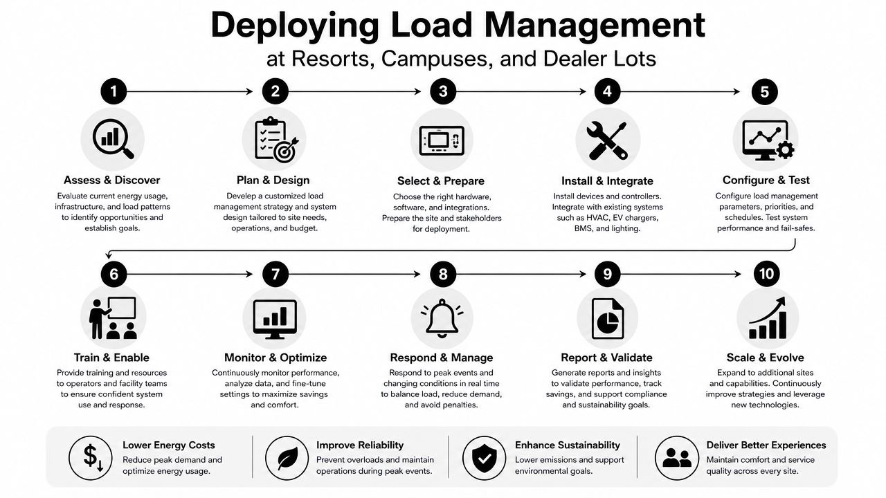 A 10-step infographic for deploying energy load management strategies at resorts, campuses, and vehicle dealer lots.