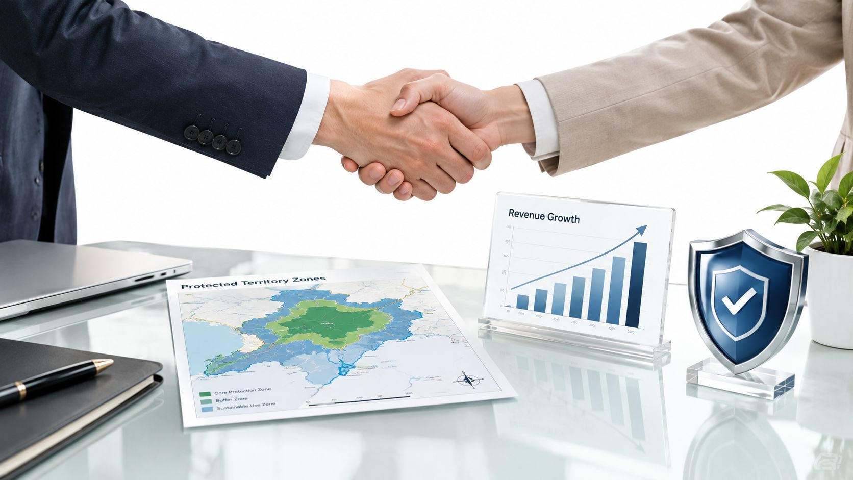 Two business partners shaking hands over a table with a territory map and a revenue growth chart.