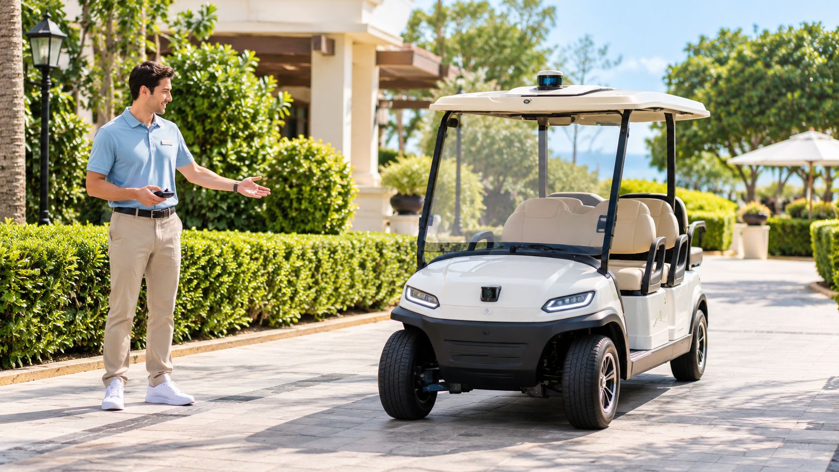 A man in a polo shirt uses a remote control to operate an autonomous electric golf cart.