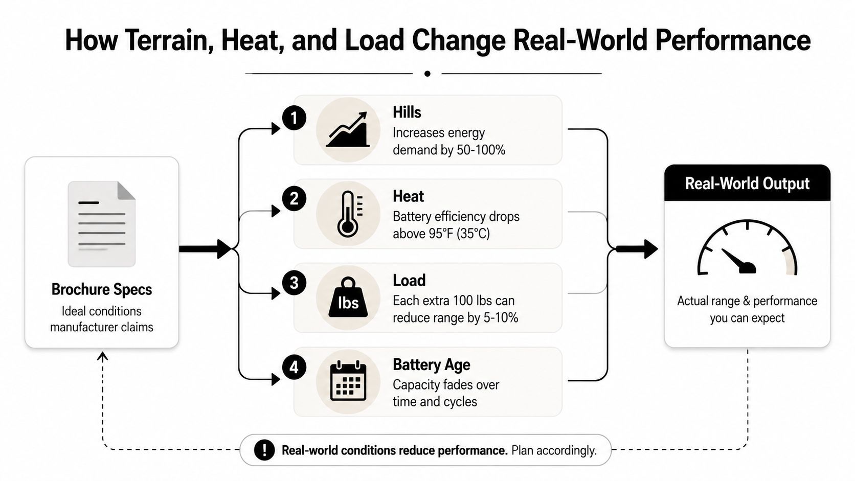 A diagram illustrating how terrain, heat, load, and battery age impact real-world electric golf cart performance.