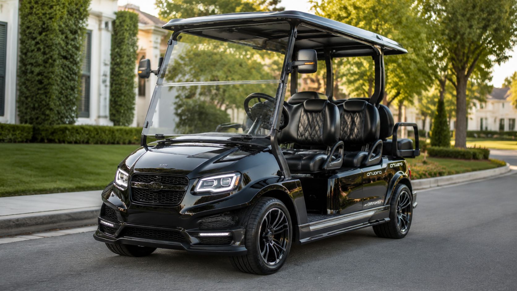 A luxurious black lifted golf cart parked on a suburban street with modern headlights and custom wheels.