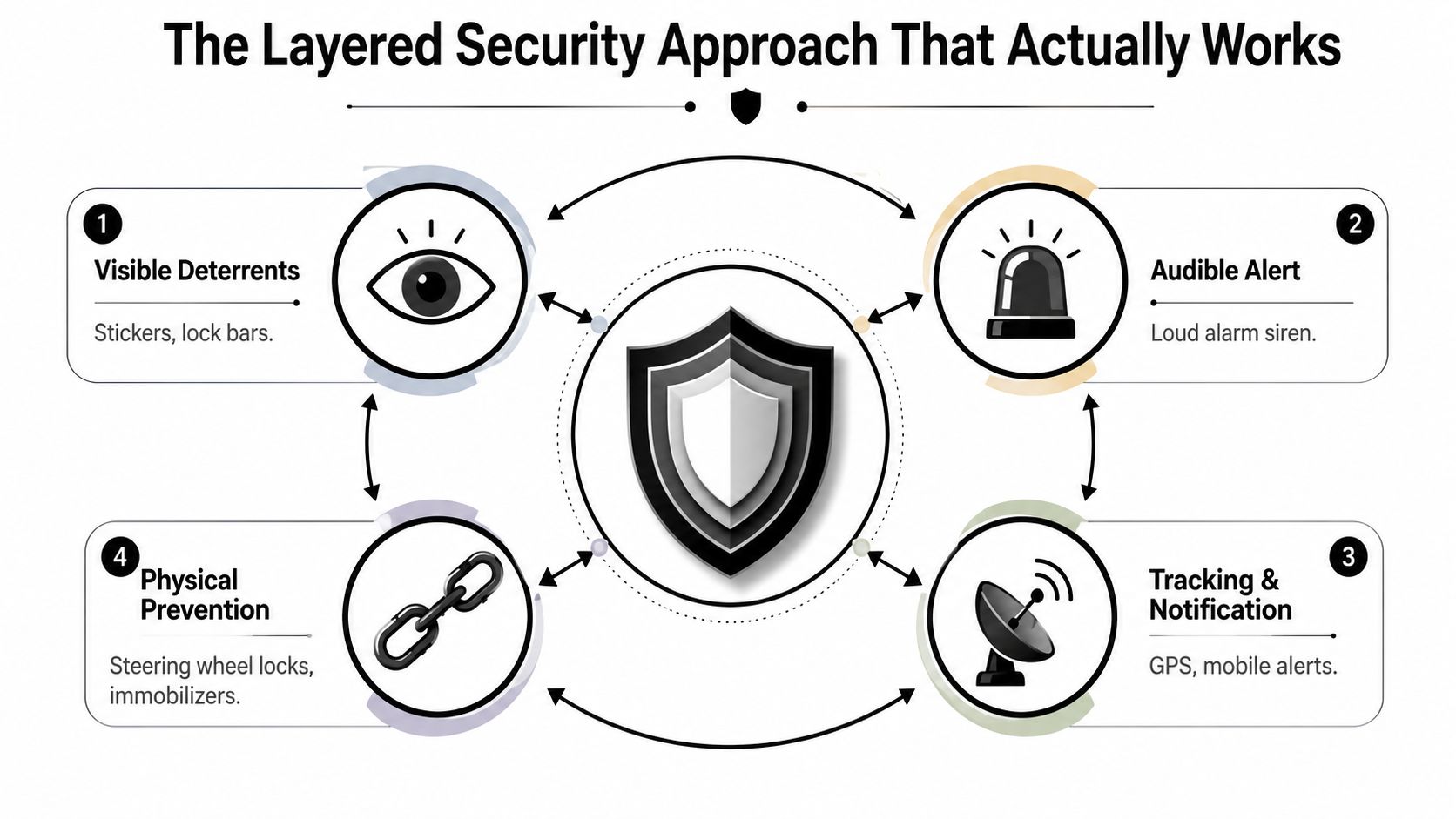 A diagram illustrating a four-layered security approach for a vehicle, including deterrents, alarms, tracking, and physical prevention.