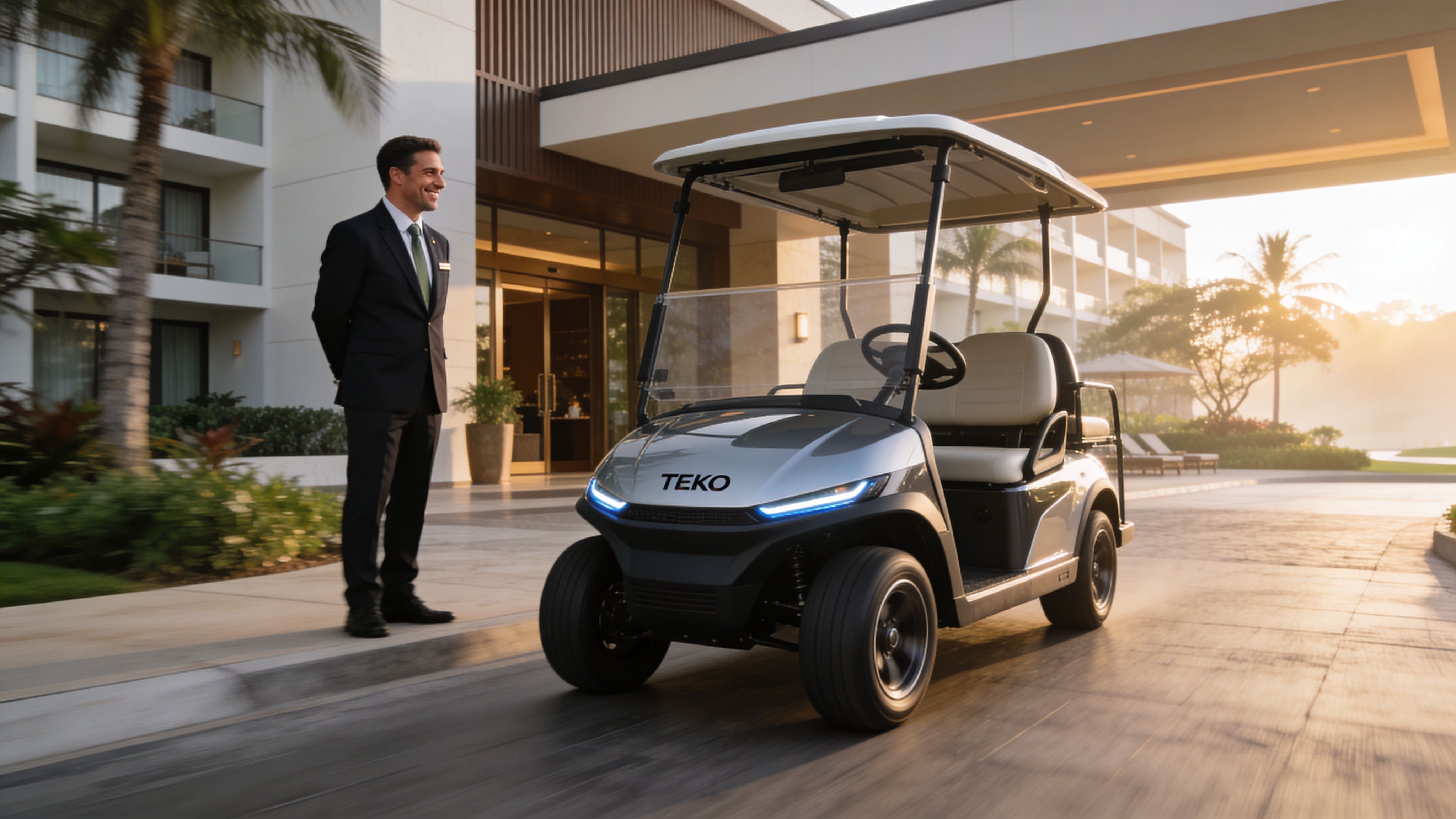 A luxury golf cart with the Teko logo parked outside a hotel entrance next to a concierge.