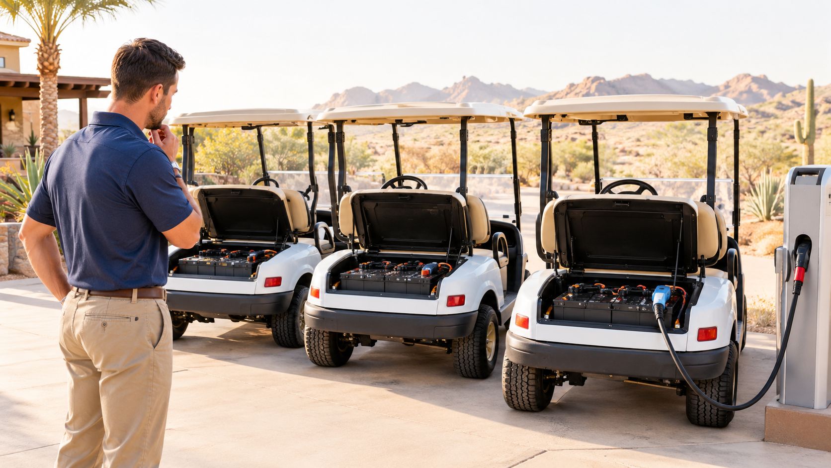 A man observing several white electric golf carts charging their battery compartments at a charging station outdoors.