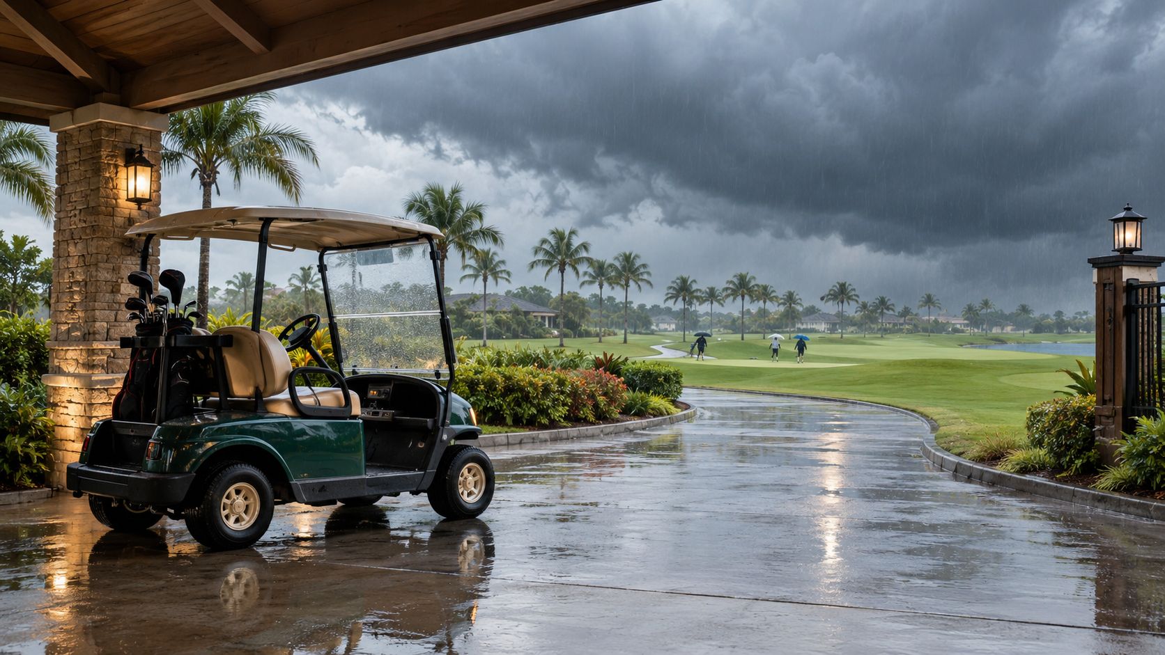 A green golf cart parked under a building overhang on a rainy day at a golf course.