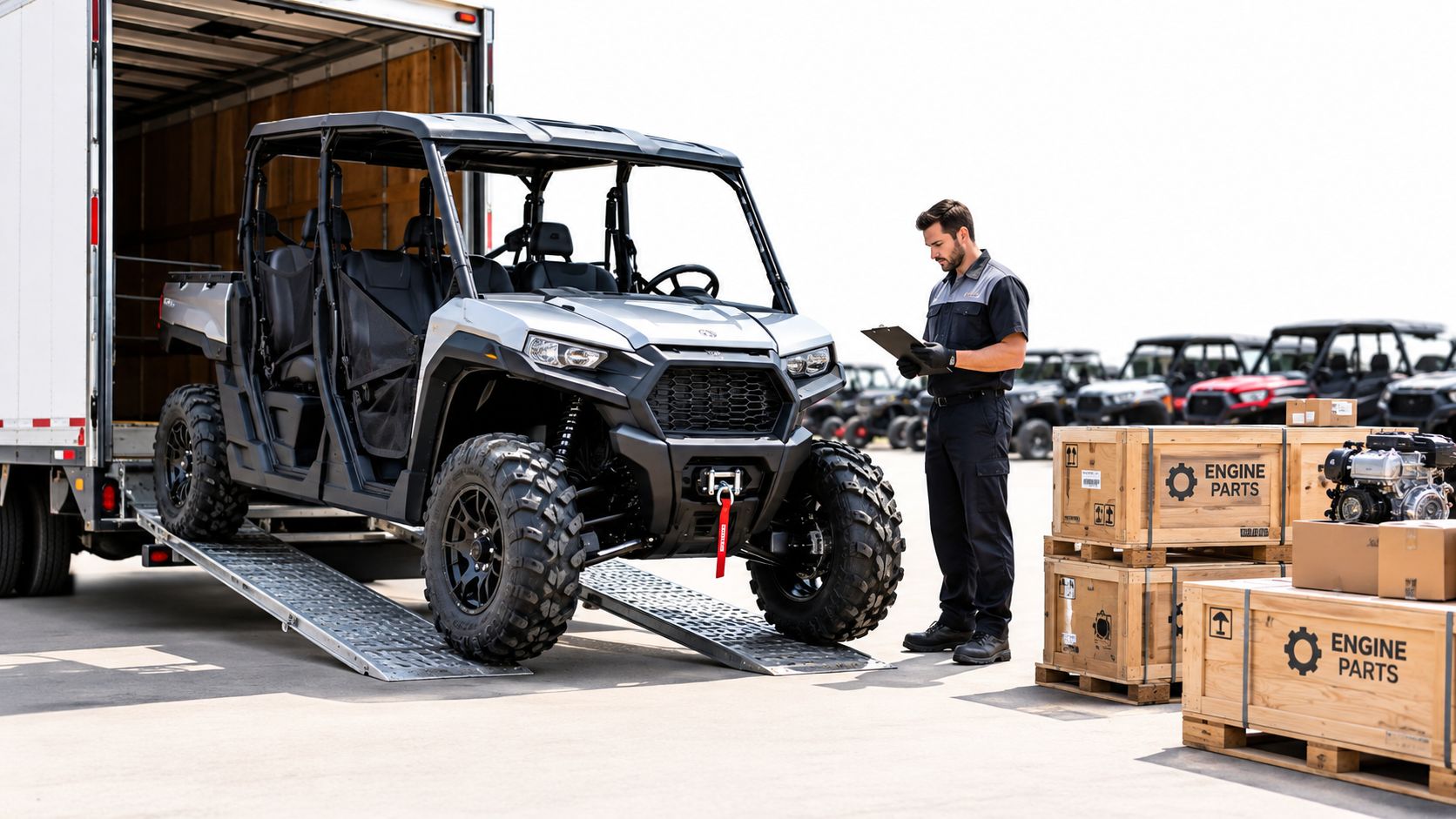 A technician inspects a new utility task vehicle as it is unloaded from a delivery truck outdoors.