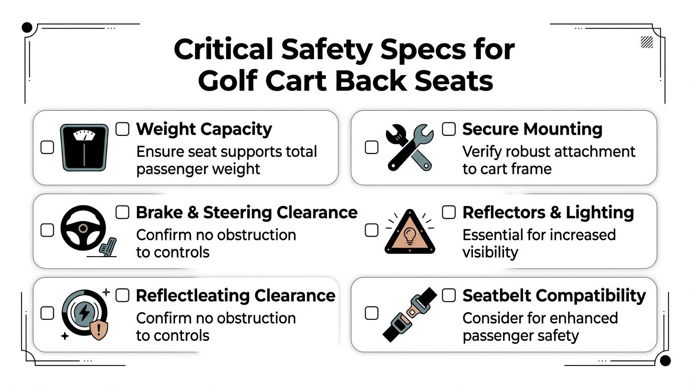 A checklist infographic detailing critical safety specifications for installing back seats on golf carts.