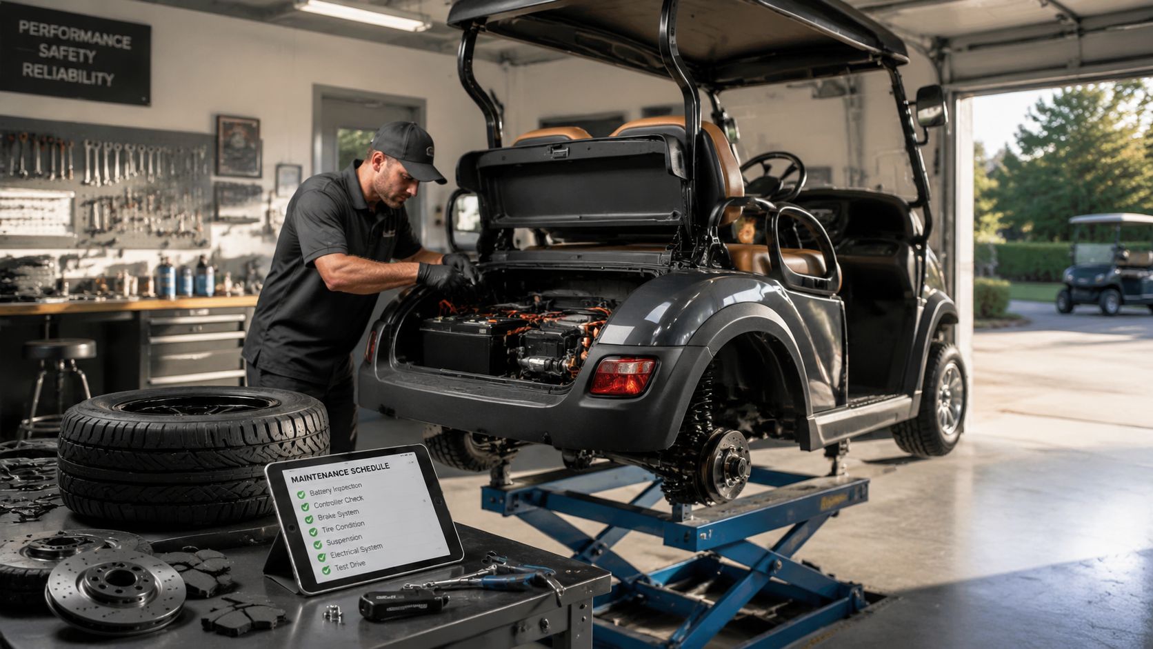 A technician performing maintenance on a golf cart in a professional workshop with a maintenance schedule tablet.