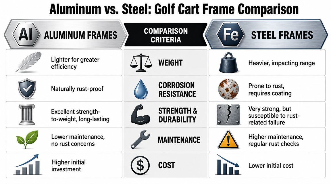 A comparison chart showing the differences between aluminum and steel golf cart frames across five key criteria.
