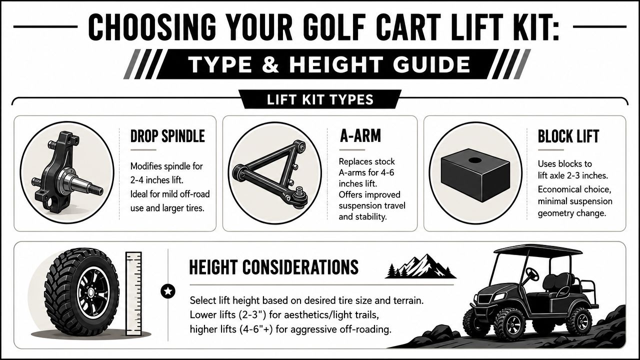 An infographic guide explaining different types of golf cart lift kits and how to choose the right height.