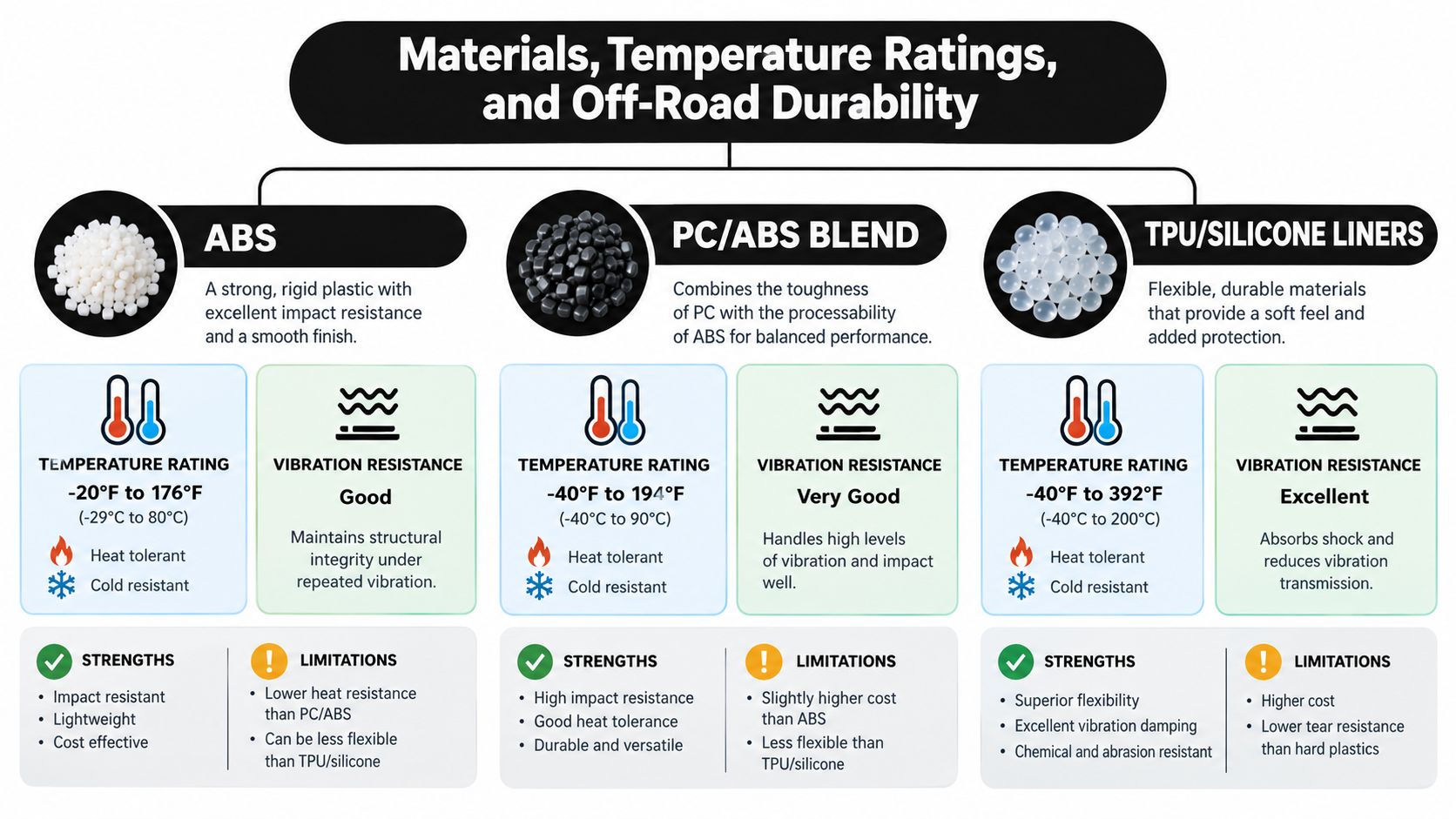 A comparison chart showing temperature ratings, vibration resistance, strengths, and limitations for ABS, PC/ABS, and TPU/silicone materials.