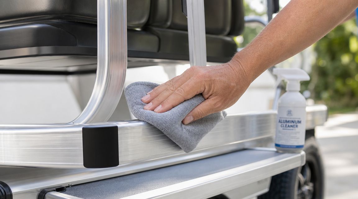 A person uses a grey microfiber cloth to clean the brushed aluminum frame of a golf cart.