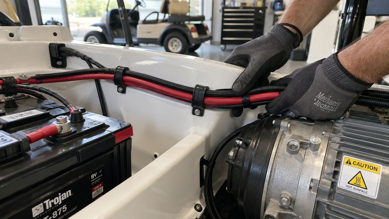 A person wearing gloves secures red electrical cables inside an electric golf cart's engine compartment.