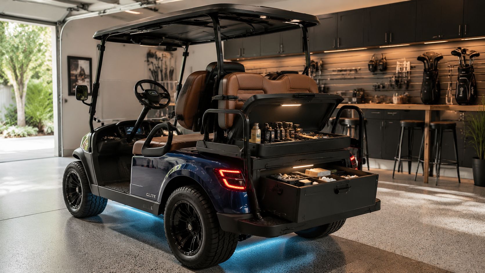 A customized blue golf cart with brown leather seats and storage compartments parked inside a garage.
