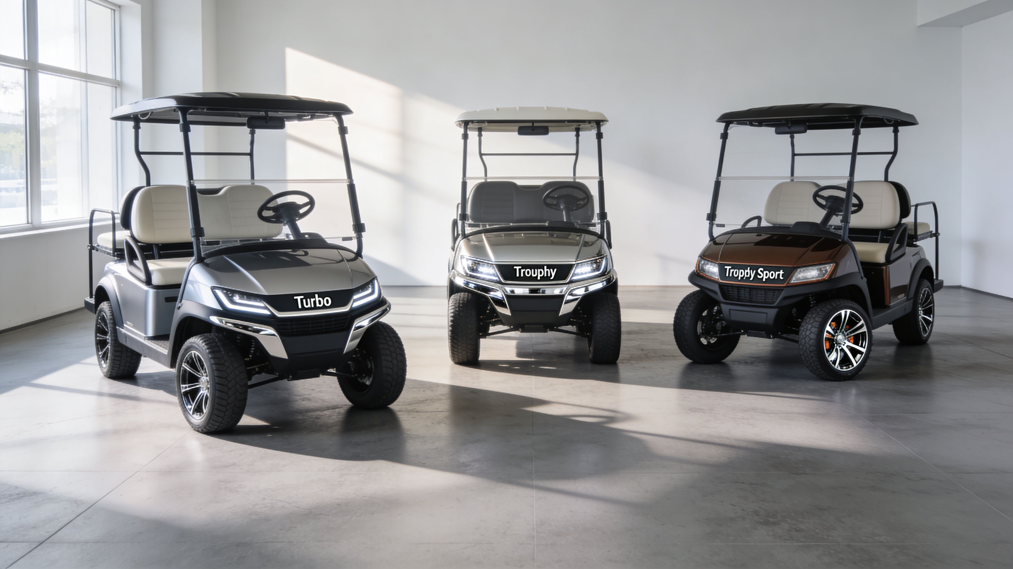 Three modern golf carts with names Turbo, Troupby, and Troppy Sport displayed in a bright indoor showroom.
