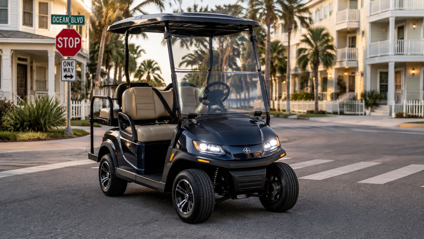 A modern dark blue golf cart parked on a paved street near suburban houses and palm trees.