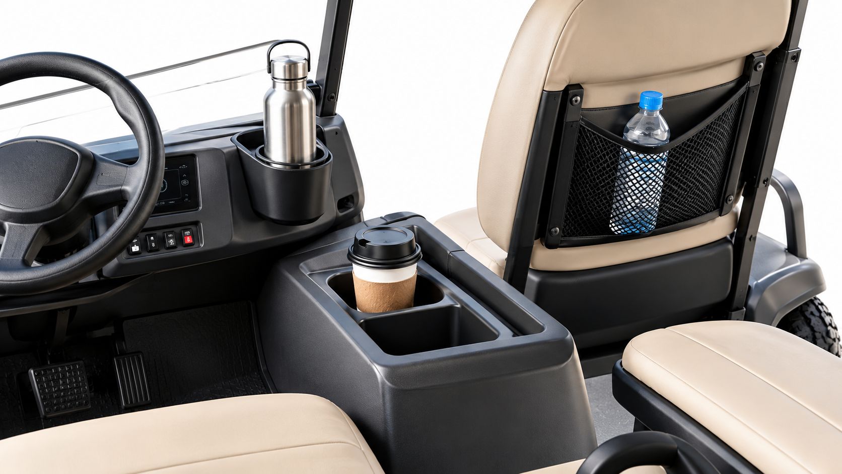 The interior of a golf cart featuring cream-colored seats, cup holders with drinks, and a mesh storage pouch.
