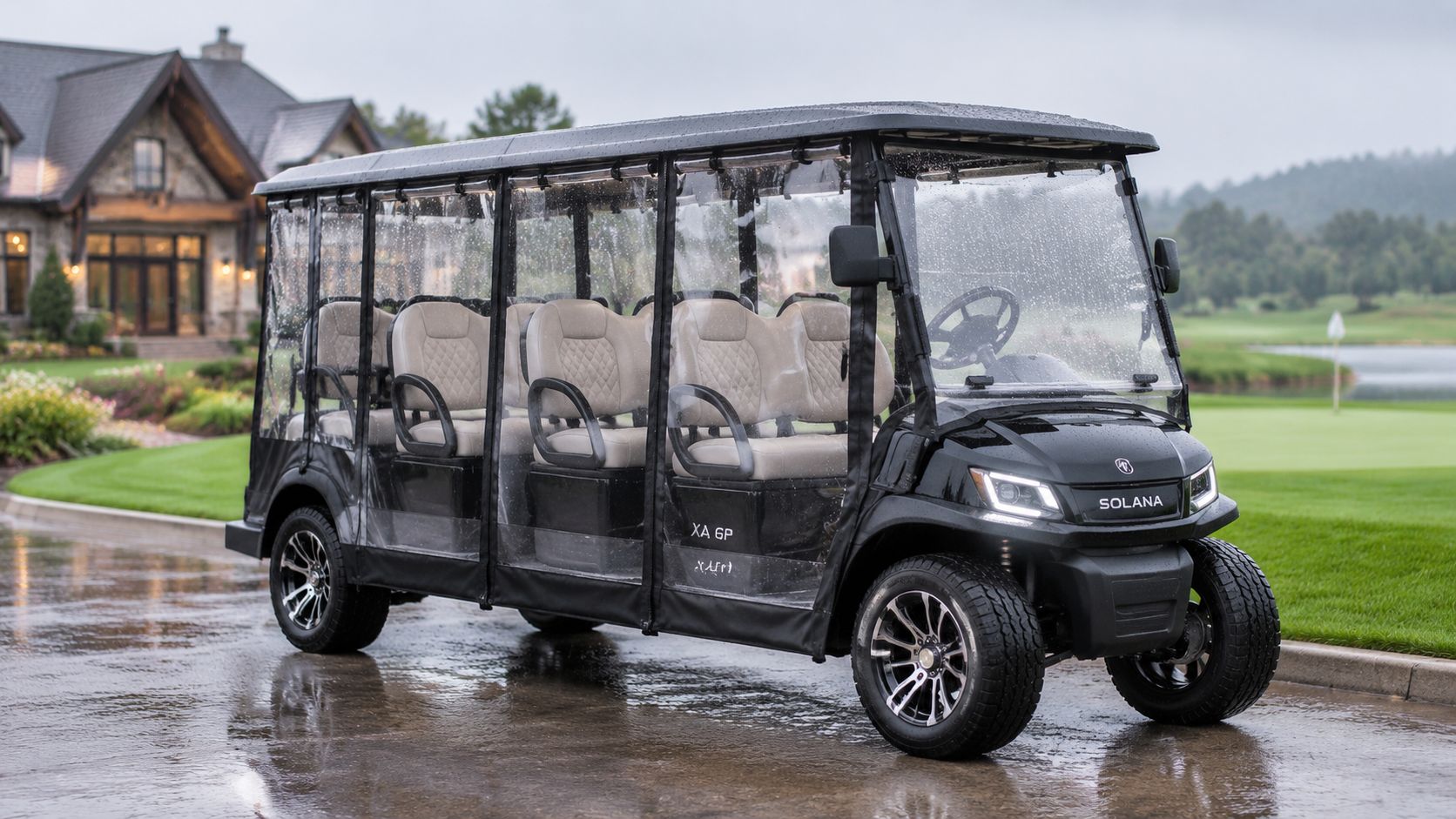 A black 6-passenger Solana golf cart with a clear plastic weather enclosure parked on a wet driveway.