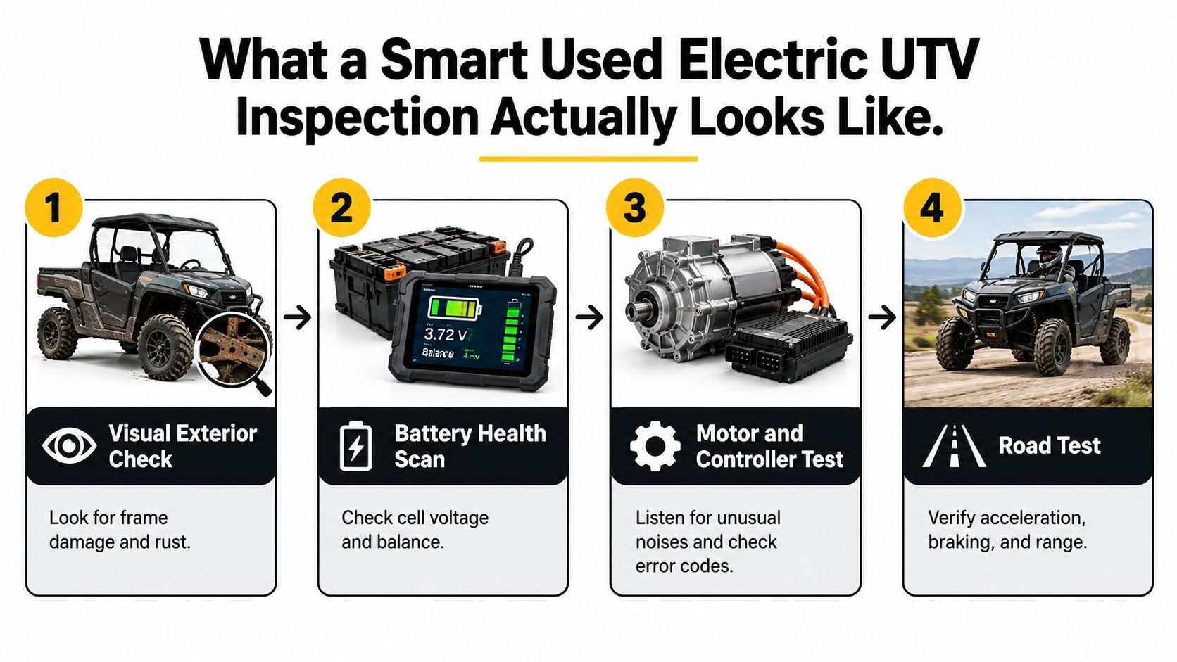 A four-step infographic illustrating the inspection process for purchasing a used electric UTV.