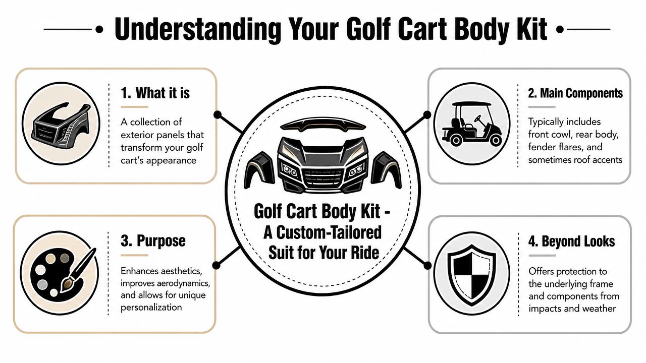 An infographic explaining golf cart body kits, their components, purpose, and benefits for customization and protection.