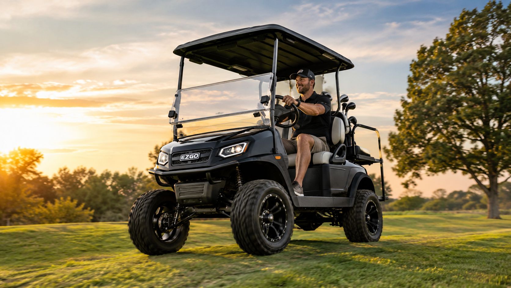 A man driving a black E-Z-GO golf cart with upgraded tires on a golf course at sunset.