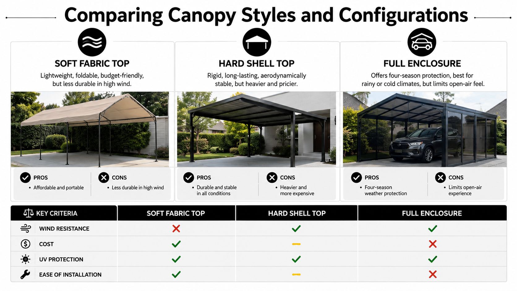 A comparison chart highlighting the pros, cons, and key features of soft fabric, hard shell, and full enclosure canopy styles.