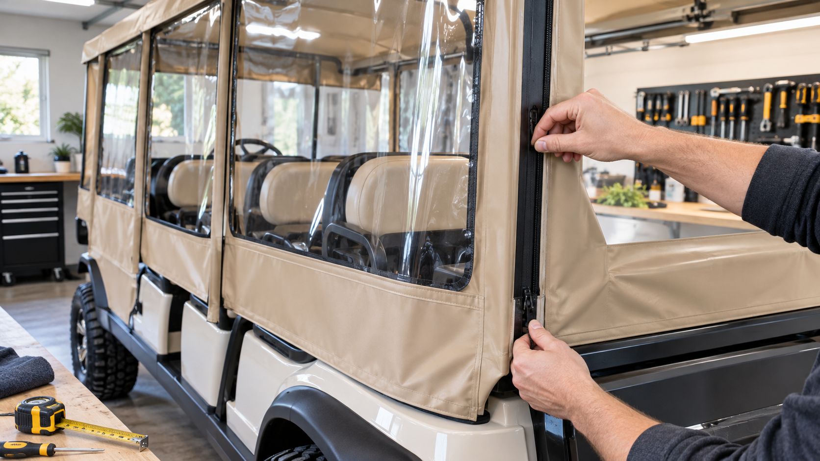 A person zipping up the beige weather enclosure on a large six-passenger golf cart in a workshop.