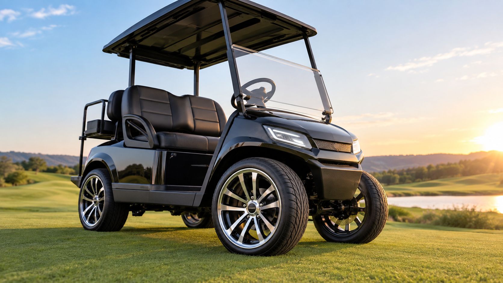 A modern black golf cart with custom 14-inch wheels parked on a scenic green golf course at sunset.