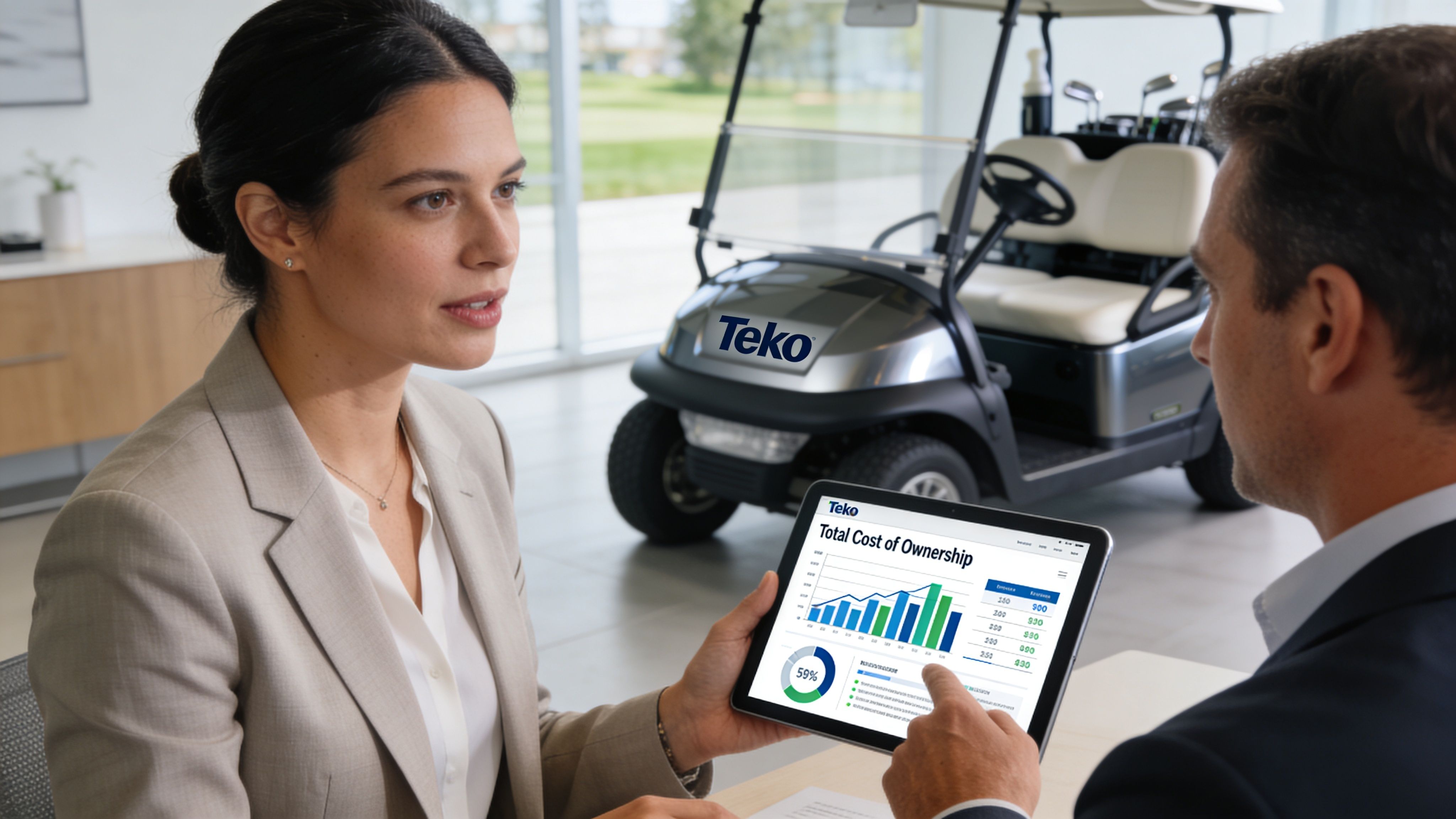 A professional woman presenting financial data on a tablet about Teko golf carts to a client.
