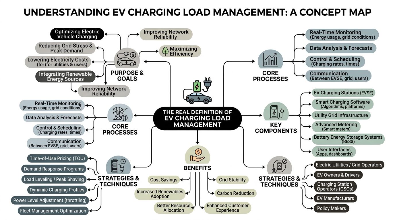 A comprehensive concept map illustrating the goals, processes, components, and strategies for effective EV charging load management.