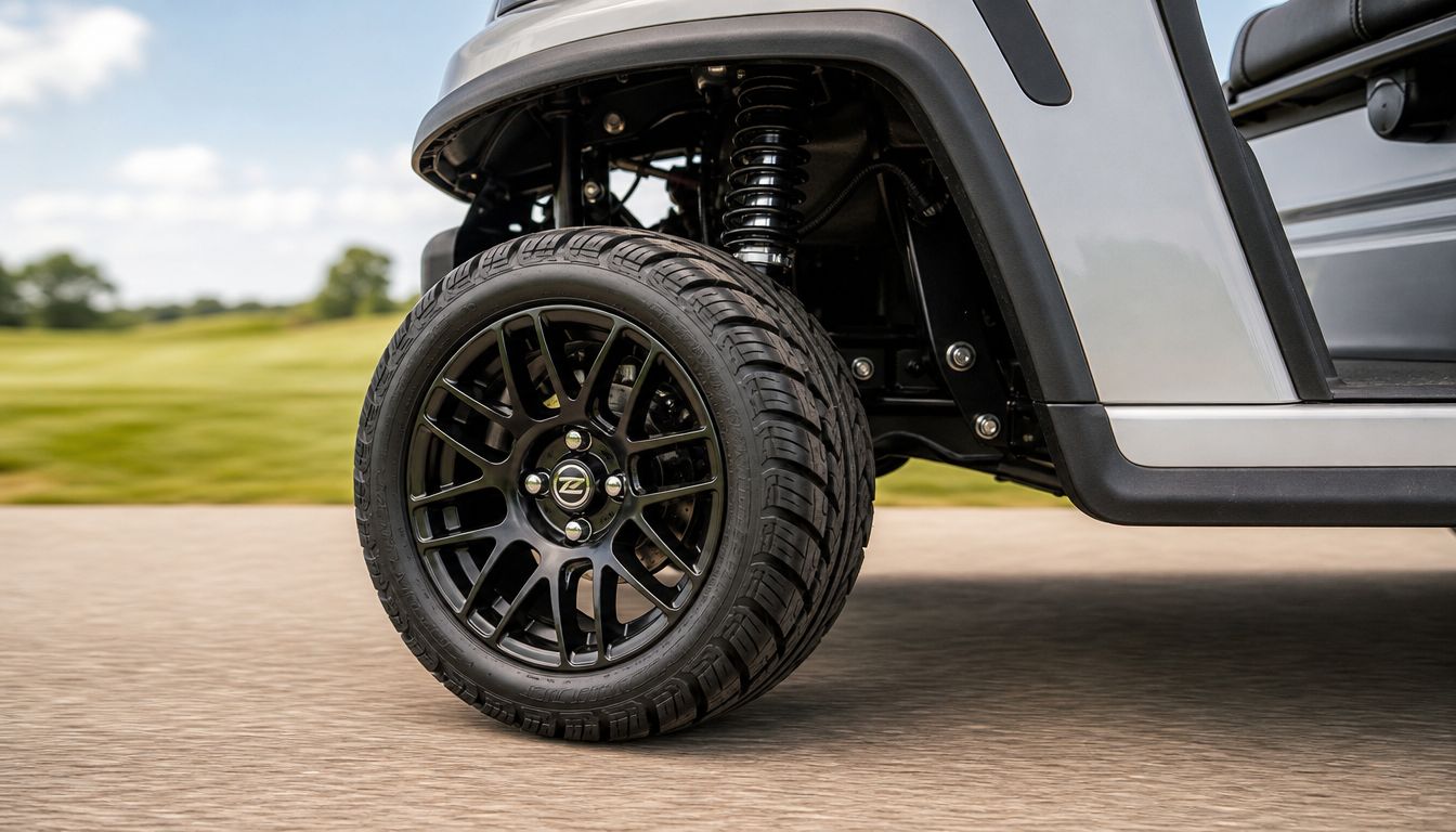 Close-up view of a black 14-inch custom wheel and tire mounted on a modern golf cart.