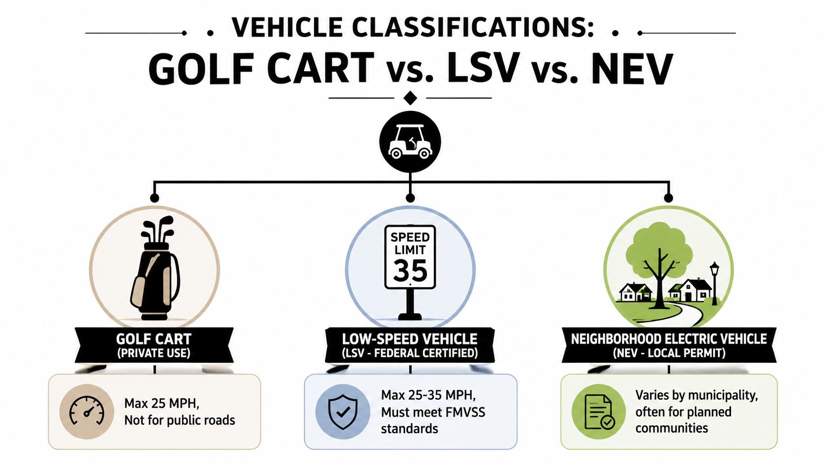 An infographic comparing golf carts, low-speed vehicles, and neighborhood electric vehicles by speed, usage, and certification.