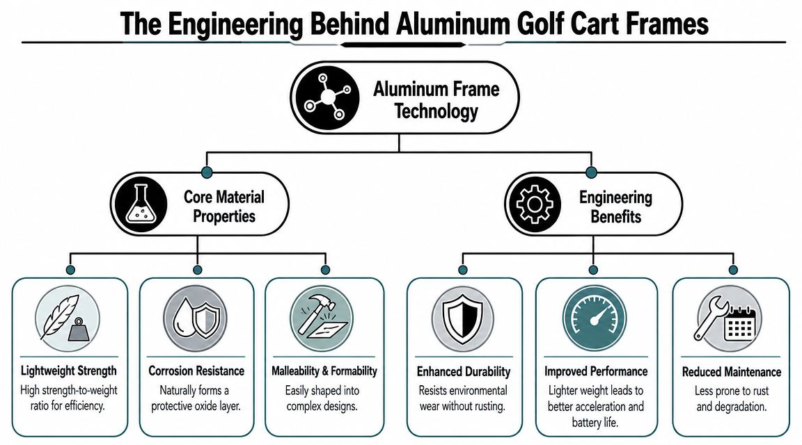 A flowchart detailing the core material properties and engineering benefits of aluminum frames for golf carts.