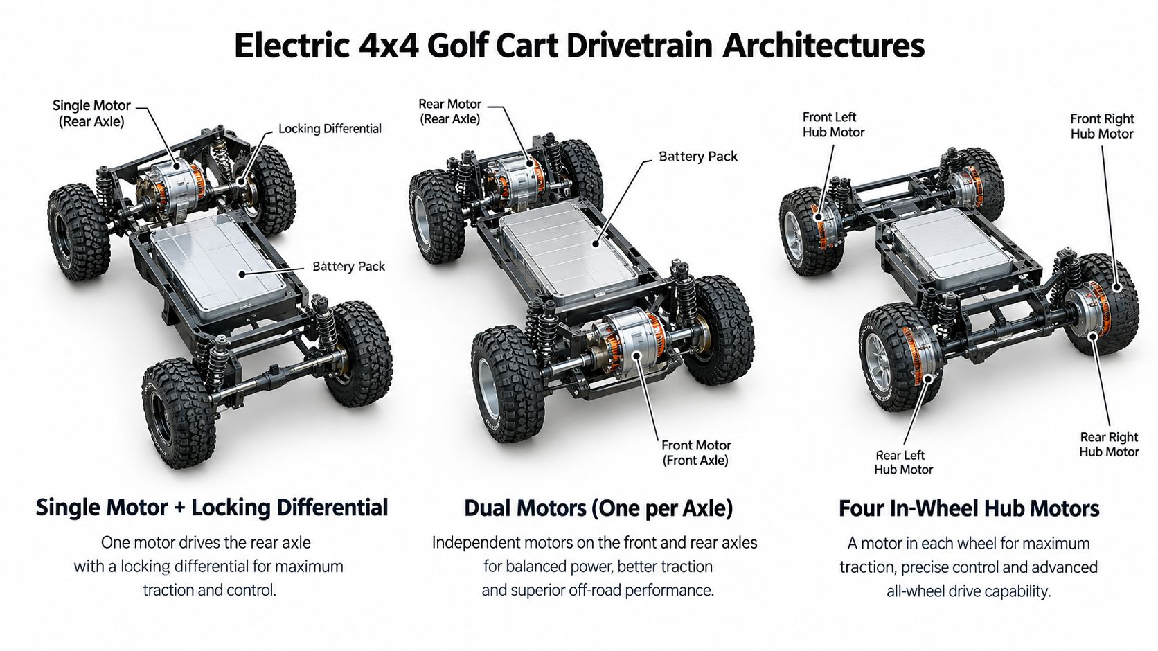 A diagram comparing three different electric 4x4 golf cart drivetrain architectures featuring motor and axle configurations.
