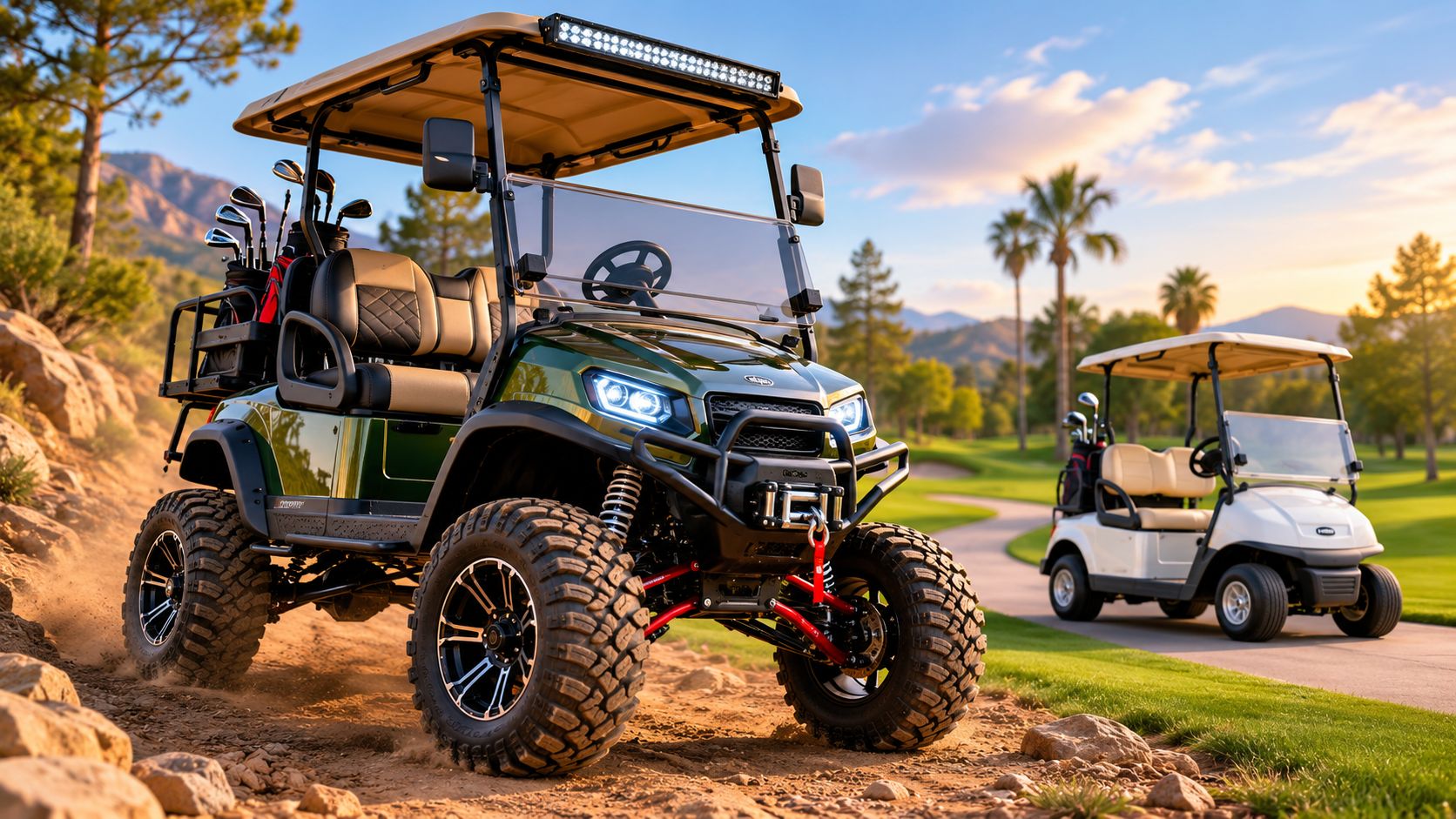 A custom green lifted golf cart driving on a rocky trail with a white golf cart in the background.