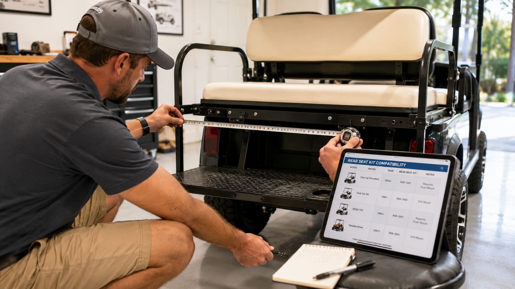 A technician measuring the rear frame of a golf cart while referencing a compatibility chart on a tablet.
